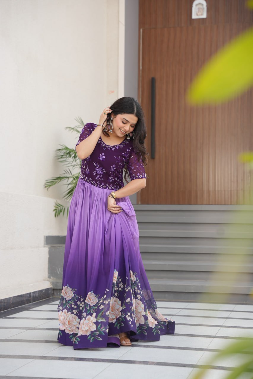 Women's Elegant Teal & Aqua Ombre Gown with Floral Printed Flair & Embellished Bodice – Perfect for Summer Festivities & Parties - Image 13